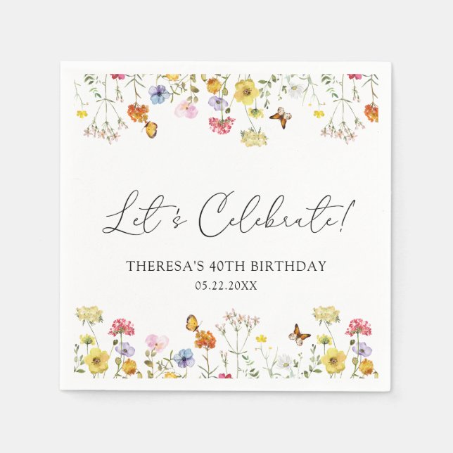 Wildflower Butterfly Boho Let's Celebrate Birthday Napkins (Front)