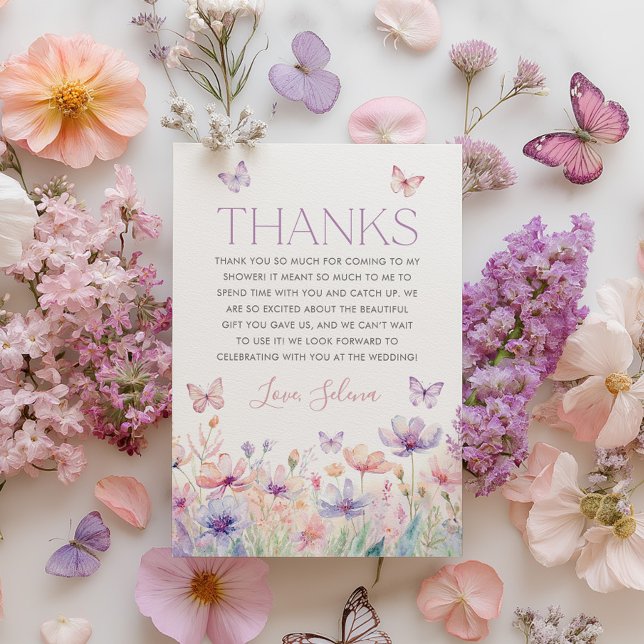 Wildflower Butterfly Bridal Shower Thank You Card (He gives her butterflies! Wildflower butterfly Thank you card in pastel colours)