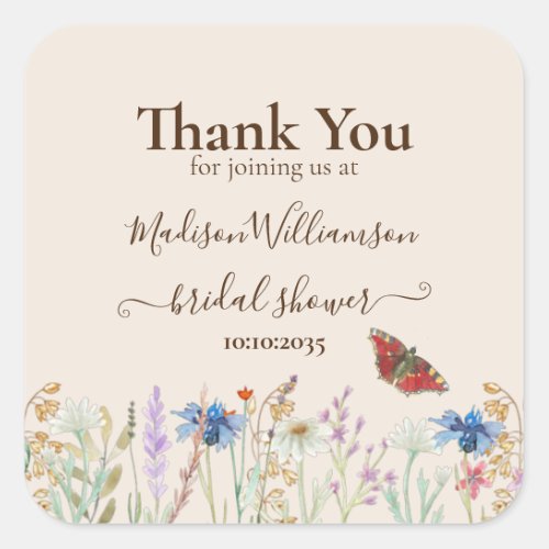 Wildflower Butterfly Bridal Shower Thank You Square Sticker