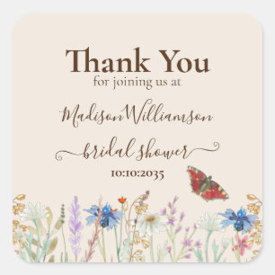 Wildflower Butterfly Bridal Shower Thank You Square Sticker