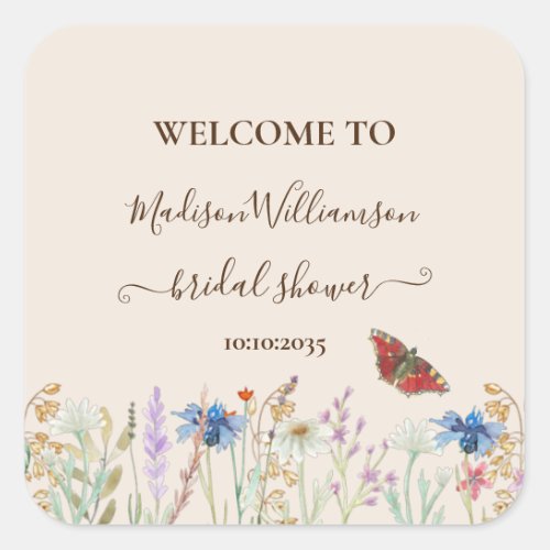 Wildflower Butterfly Bridal Shower Welcome  Square Sticker