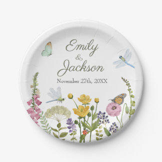 Wildflower Butterfly Dragonfly Watercolor Wedding Paper Plates