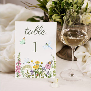 Wildflower Butterfly Dragonfly Watercolor Wedding Table Number