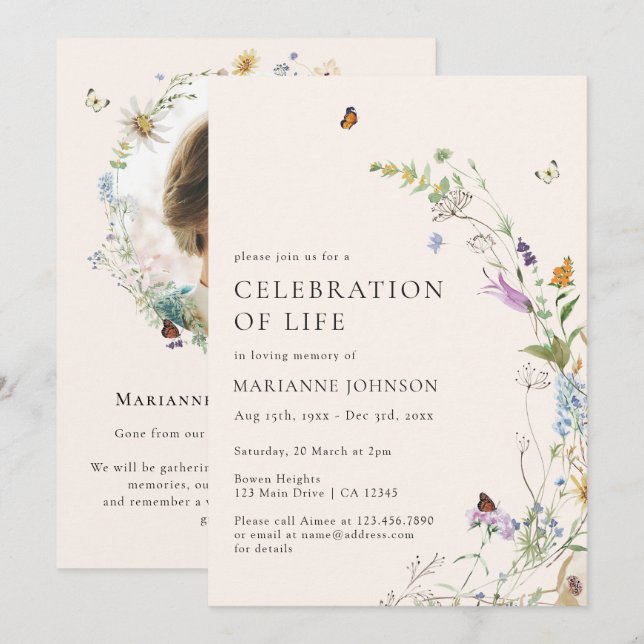 Wildflower Butterfly Floral Celebration of Life Invitation (Front/Back)
