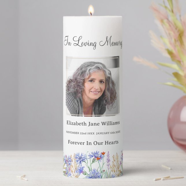 Wildflower & Butterfly Funeral Memorial Photo  Pillar Candle (In Situ)