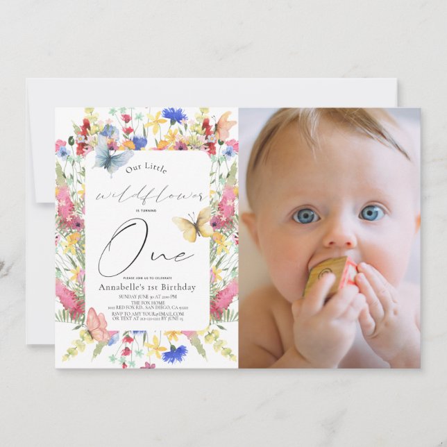 Wildflower Butterfly Girl 1st Birthday Photo Invitation (Front)