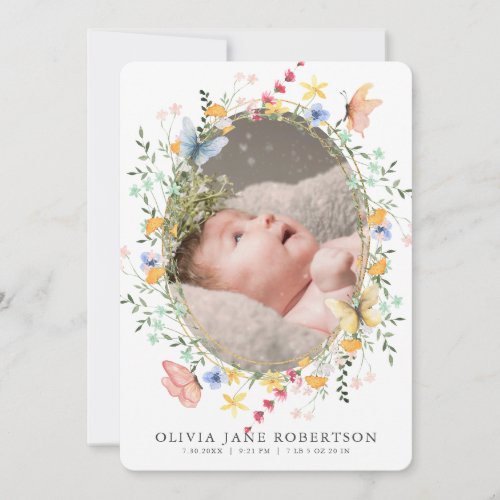 Wildflower Butterfly Girl Photo Birth Announcement