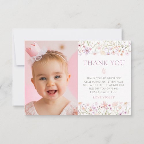 Wildflower Butterfly Girls 1st Birthday Photo Thank You Card