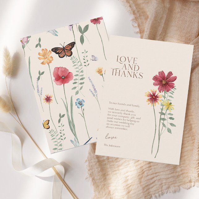 Wildflower Butterfly Love and Thanks Wedding Thank You Card (Simple Colorful Wildflower Floral Wedding Love and Thanks Card)