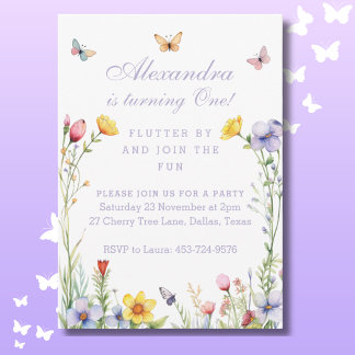 Wildflower Butterfly One Baby Girl 1st Birthday Invitation