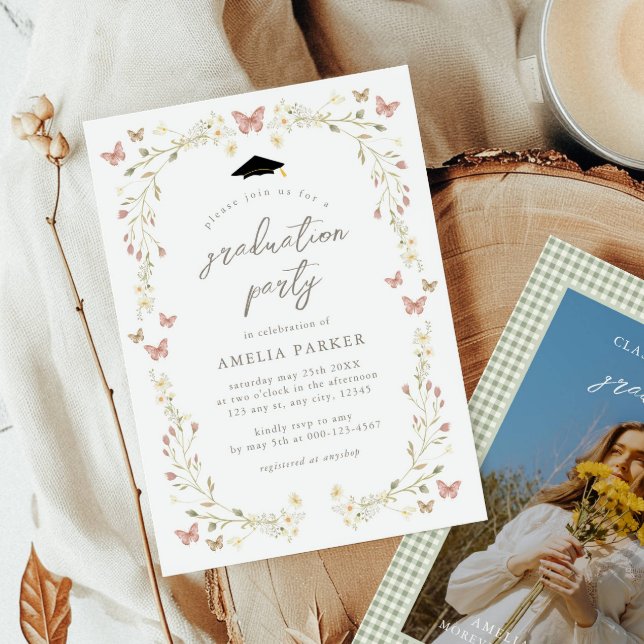 Wildflower Butterfly Pink & Sage Photo Graduation Invitation (Creator Uploaded)