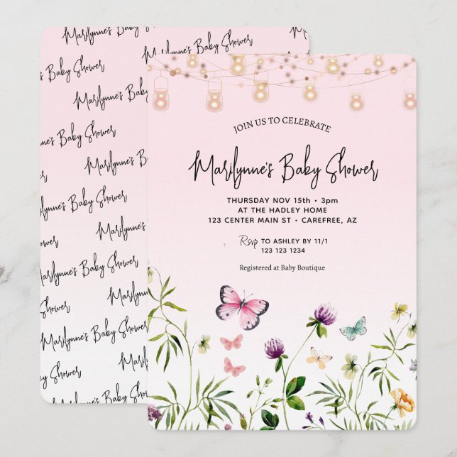 Wildflower Butterfly Pink Script Baby Shower Invitation (Front/Back)