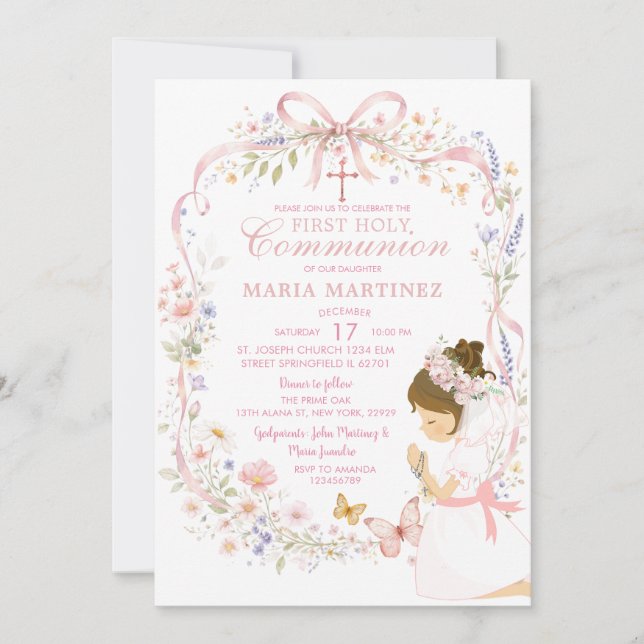 Wildflower Butterfly Praying 1st Holy Communion Invitation (Front)