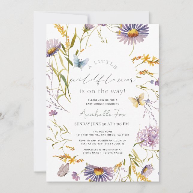 Wildflower Butterfly Purple Girl Baby Shower Invitation (Front)