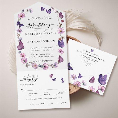 Wildflower Butterfly Romantic Garden Party Wedding All In One Invitation