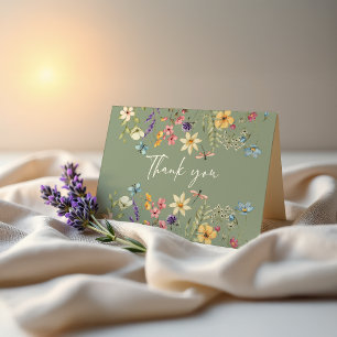 Wildflower  & Butterfly Sage Green Bridal Shower  Thank You Card