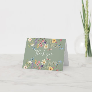 Wildflower & Butterfly Sage Green Bridal Shower Thank You Card
