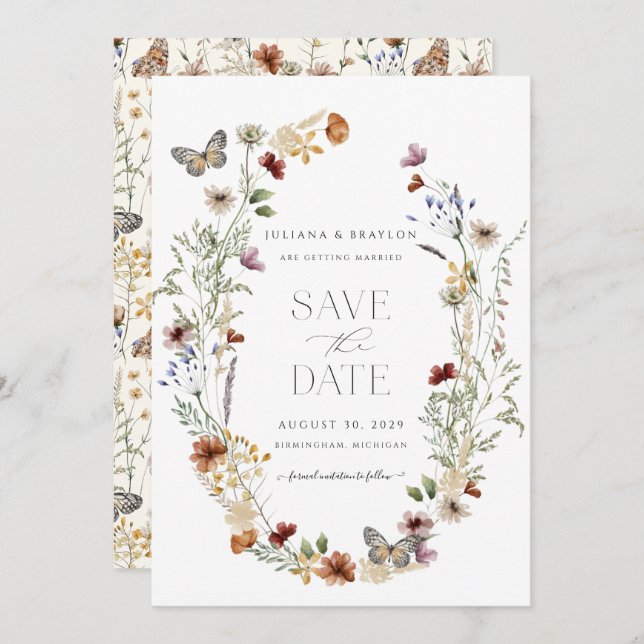 Wildflower Butterfly Simple Floral  Save The Date (Front/Back)