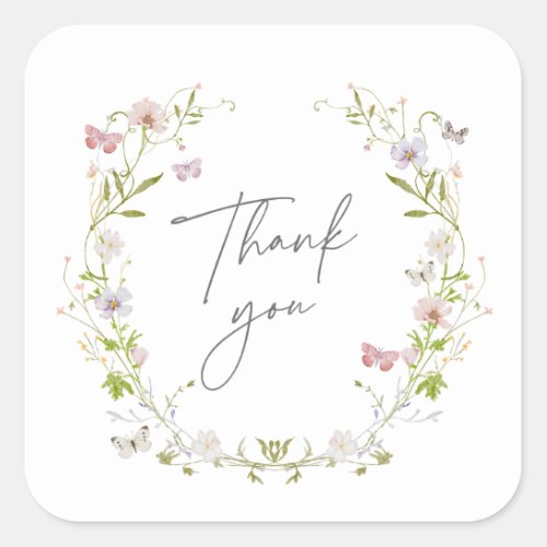 Wildflower Butterfly Wreath Thank You Square Sticker