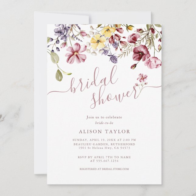 Wildflower Calligraphy Mauve Bridal Shower  Invitation (Front)