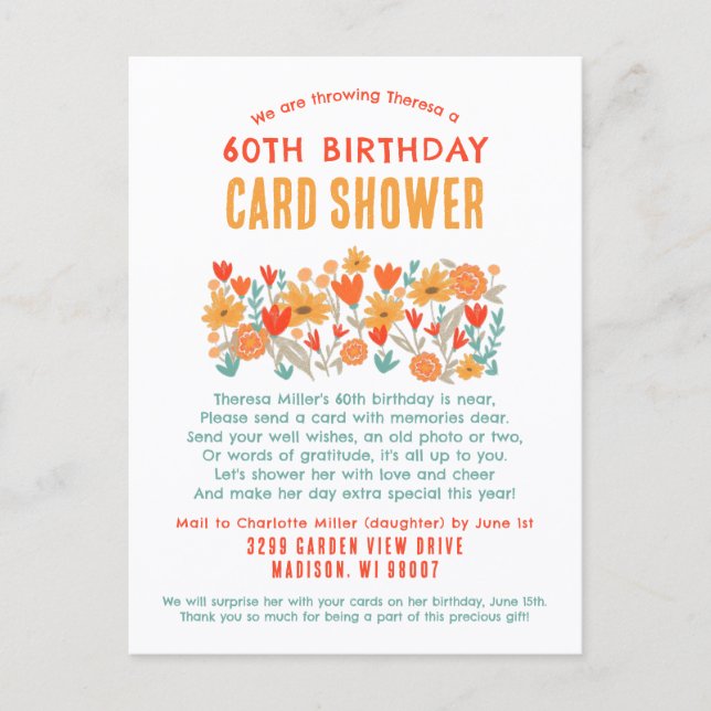 Wildflower Card Shower Birthday Postcard (Front)