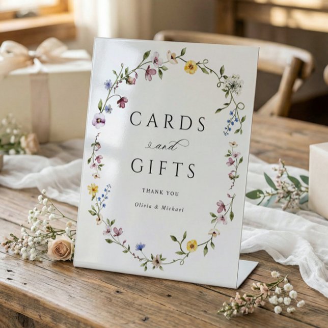 Wildflower Cards & Gifts Elegant Bridal Shower Pedestal Sign (Cards and gifts pedestal sign with watercolor wildflower flowers and elegant love is in bloom design)
