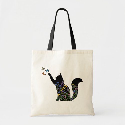 Wildflower Cat Silhouette Butterfly  Tote Bag