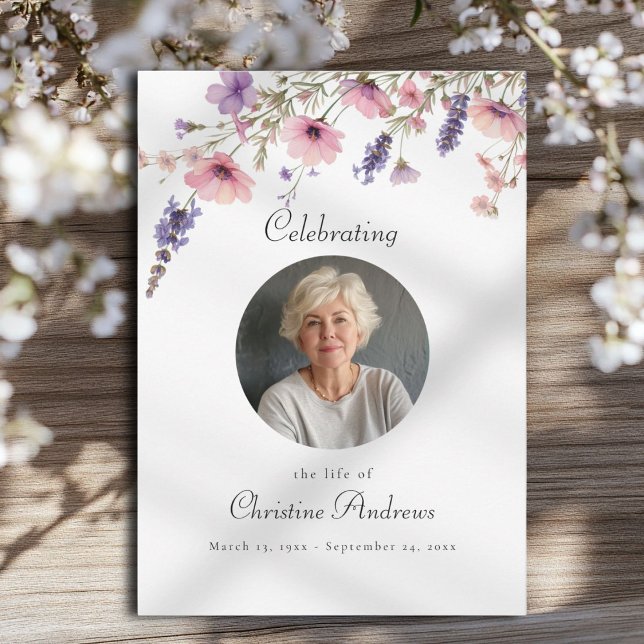 Wildflower Celebration of Life Funeral Invitation ("Celebrating the life of" Elegant, White, Pink, Purple, Photo Funeral Invitation. Print & Download.)