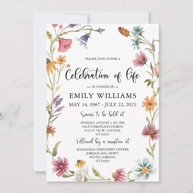 Wildflower Celebration of life Invitation Funeral  (Front)