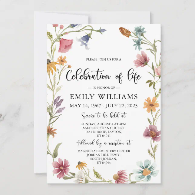 Wildflower Celebration Of Life Invitation Funeral 