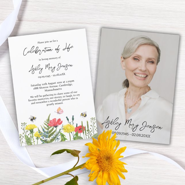 Wildflower Celebration of Life Photo Funeral Invitation (Creator Uploaded)