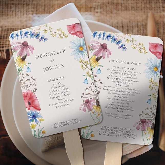 Wildflower Charm Country Floral Wedding Program Hand Fan (Program Fans with wildflower border and editable information on the front and back)