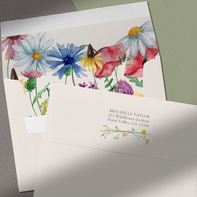 Wildflower Charm Wedding Invitation Envelope (Envelopes with return address and decorated inside and out with beautiful wildflowers)
