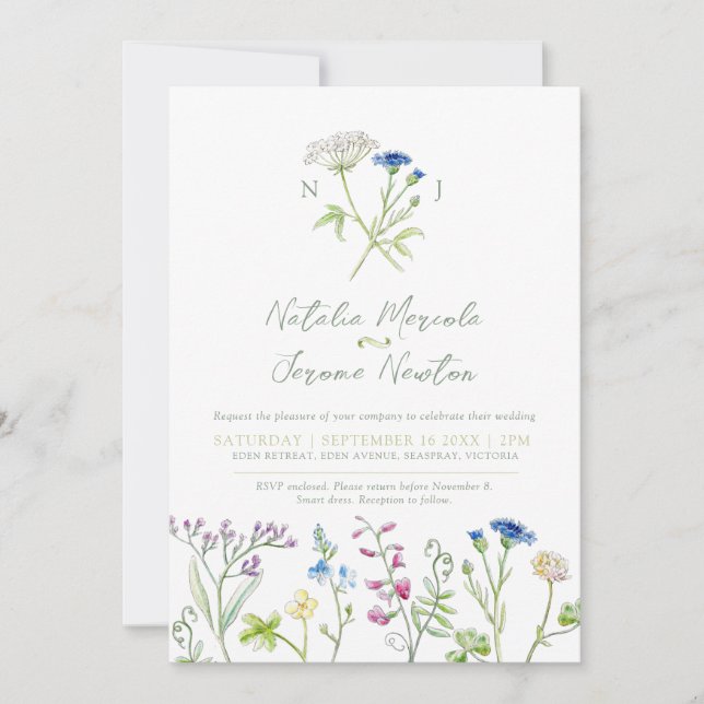Wildflower colorful botanical watercolor wedding invitation (Front)