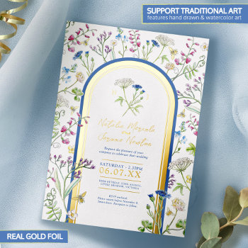 Wildflower Colorful Floral Watercolor Blue Wedding Foil Invitation by mylittleedenweddings at Zazzle