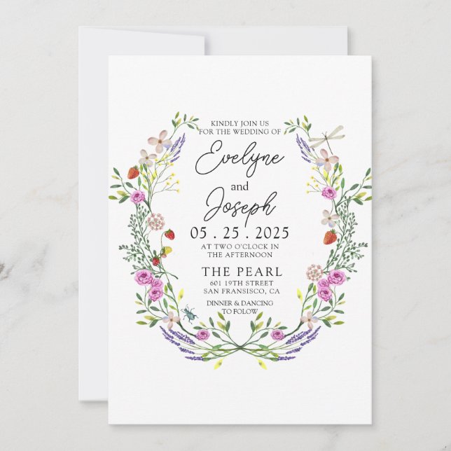 Wildflower Colorful Greenery Floral Wreath Wedding Invitation (Front)
