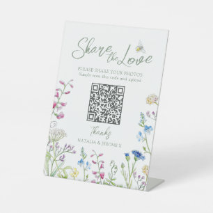 Wildflower colorful watercolor wedding QR Pedestal Sign