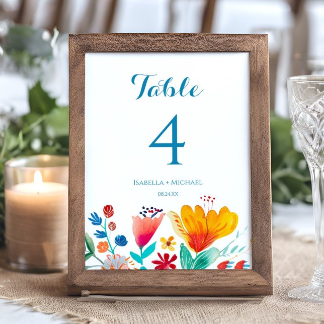 Wildflower Colorful Wedding Table Number (Floral Colorful Watercolor Wedding Table Number)