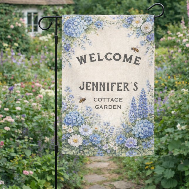 Wildflower cottage garden welcome personal flag (Wildflower cottage garden welcome personal garden flag. You can add your own name and text.)
