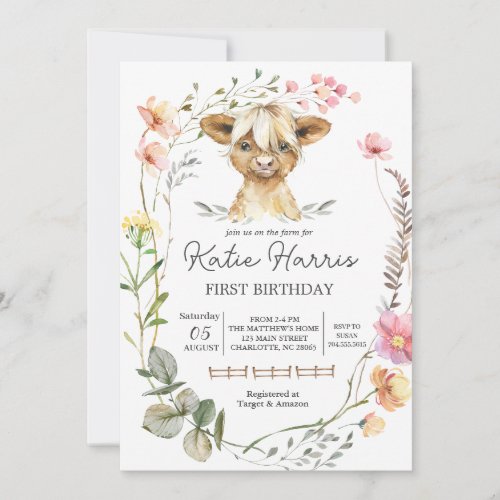 Wildflower Cow Birthday Invitation