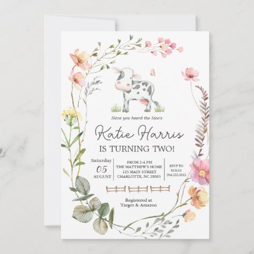 Wildflower Cow Birthday Invitation