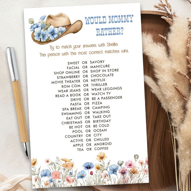 Wildflower Cowboy Would Mommy Rather Shower Game (Would mommy rather game from the Boho Elephant Baby Shower Collection by Darling & May)