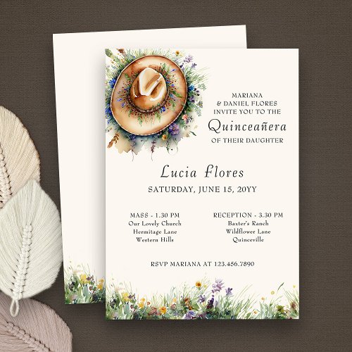 Wildflower Cowgirl Hat Rustic Quinceanera and Mass Invitation