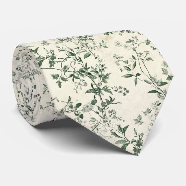 Wildflower Cream and Green Botanical Vine Wedding  Neck Tie (Rolled)