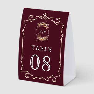 Wildflower Crest Burgundy Wedding Table Number Paper Table Tent