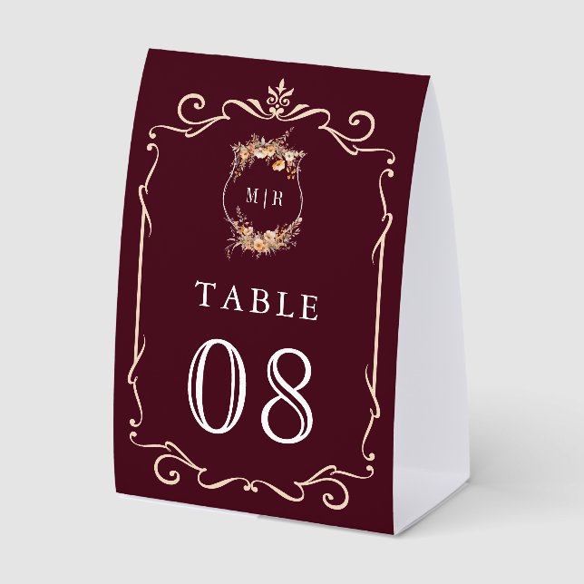 Wildflower Crest Burgundy Wedding Table Number Paper Table Tent (Front)