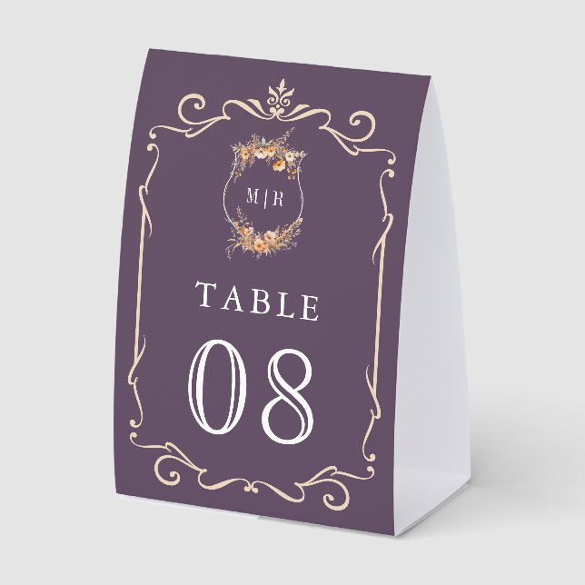Wildflower Crest Dusty Purple Wedding Table Number Paper Table Tent (Front)