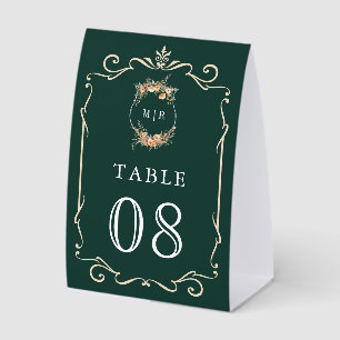 Wildflower Crest Emerald Wedding Table Number Paper Table Tent