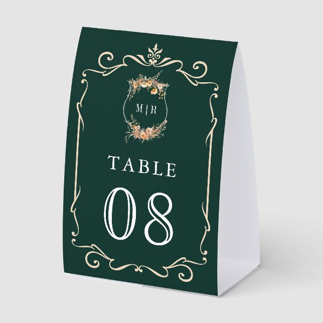 Wildflower Crest Emerald Wedding Table Number Paper Table Tent (Front)