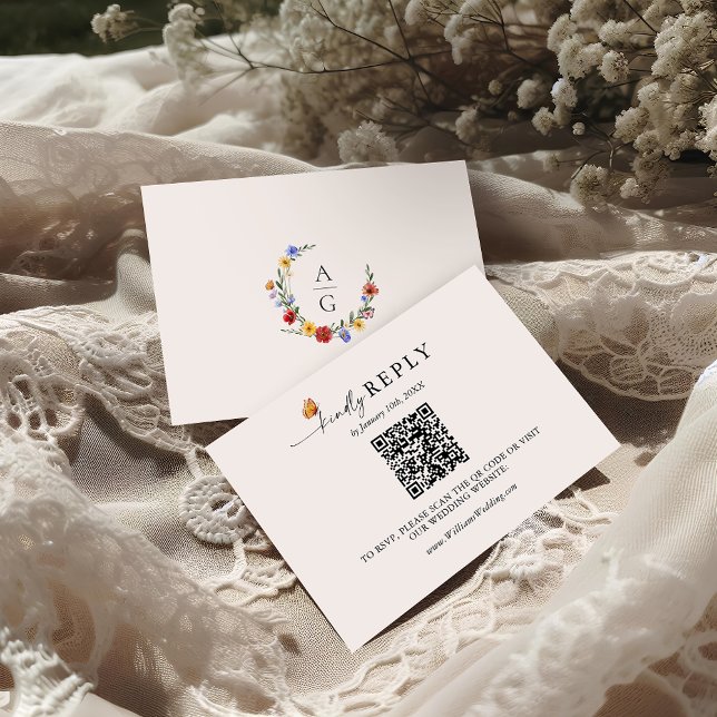 Wildflower Crest Monogram Wedding QR Code RSVP Enclosure Card (Creator Uploaded)